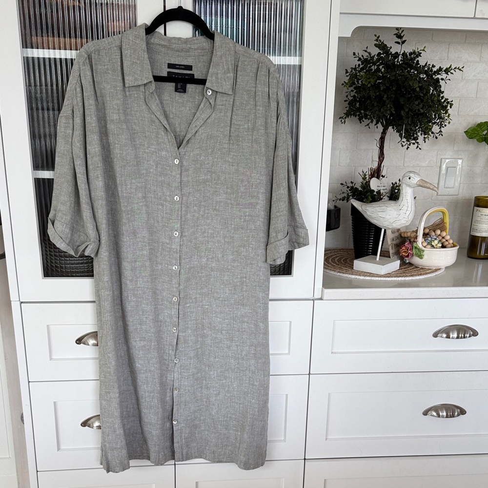 Tahari Linen Shirt Dress in sage green